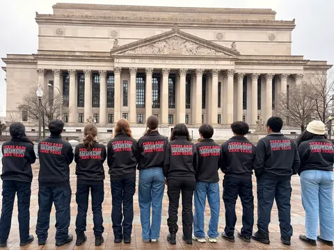 Team members seen from behind in dark jackets reading “Texas A&M Emergency Care Team”, facing a large columned building.